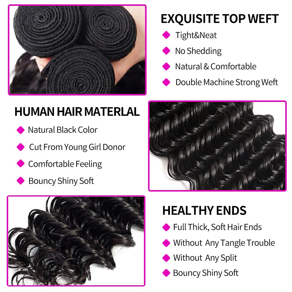 Human Hair Bundles with Closur - Deep Wave 3 Bundles With Closure ulasan dan harga