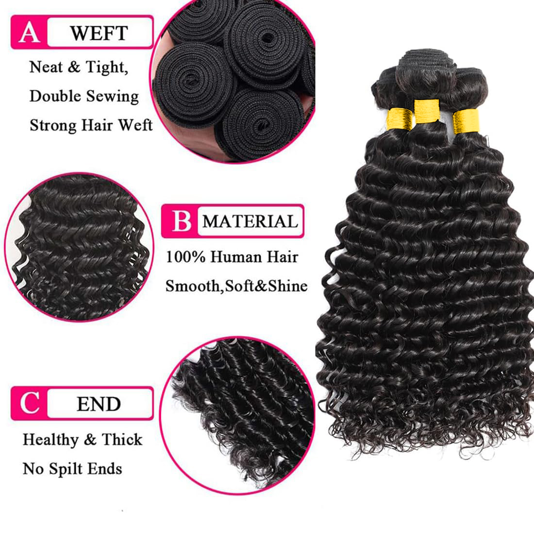 Human Hair Bundles with Closur - Deep Wave 3 Bundles With Closure ulasan dan harga